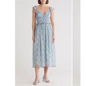Lush Shirred Flutter Sleeve Midi Dress Floral Blue Cottagecore Size Small NWT